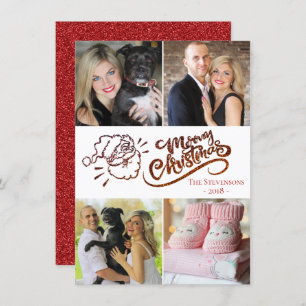 Red Merry Christmas Santa Modern 4 Photo Collage Holiday Card