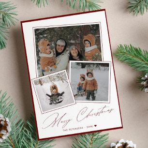 Red Merry Christmas script 3 photo collage  Holiday Card