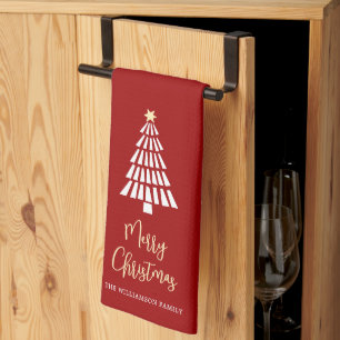 Red Merry Christmas Script 3 Trees Simple Custom Tea Towel