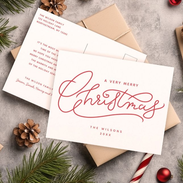 Red Merry Christmas Script Minimalist  Holiday Postcard (Creator Uploaded)