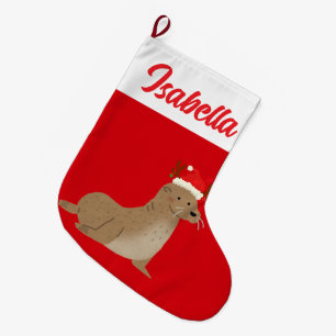 Red Merry Christmas Sea lion Santa Xmas party Large Christmas Stocking