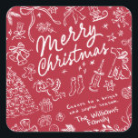 Red Merry Christmas  Square Sticker<br><div class="desc">Merry Christmas- Hand drawn holiday sticker Bring a touch of charm and warmth to the holiday season with this whimsical Christmas collection! Each design is filled with a cosy holiday spirit, making it a heartfelt choice for family, friends, or anyone who loves a fun, creative touch. Send a smile with...</div>