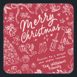 Red Merry Christmas  Square Sticker<br><div class="desc">Merry Christmas- Hand drawn holiday sticker Bring a touch of charm and warmth to the holiday season with this whimsical Christmas collection! Each design is filled with a cosy holiday spirit, making it a heartfelt choice for family, friends, or anyone who loves a fun, creative touch. Send a smile with...</div>