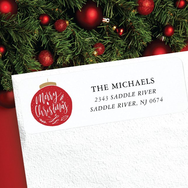 Red Merry Christmas Tree Ornament Return Address Label (Creator Uploaded)