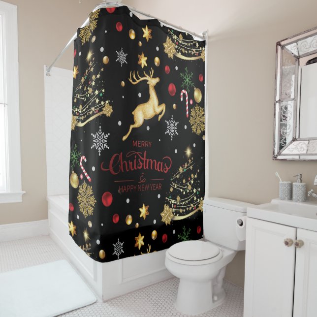 Red Merry Christmas Tree Shower Curtain (In Situ)