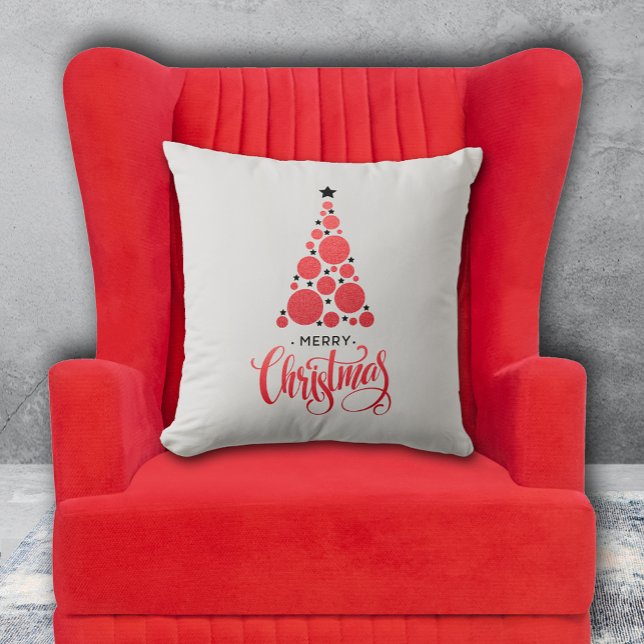 Red Merry Christmas Tree Stars Holiday Cushion (PIllow with Merry Christmas and modern red Christmas tree on pale gray background. Choose size. )