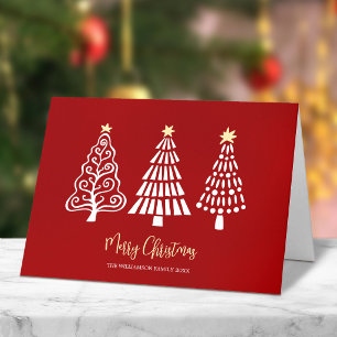 Red Merry Christmas Trees Script Name Whimsical Holiday Card