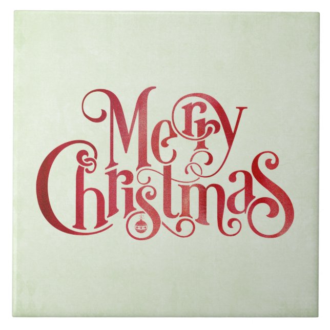 Red Merry Christmas Typography Festive Font Ceramic Tile (Front)