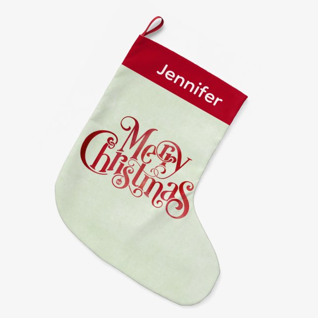  Red Merry Christmas Typography Festive Font Large Christmas Stocking (Front (Hanging))