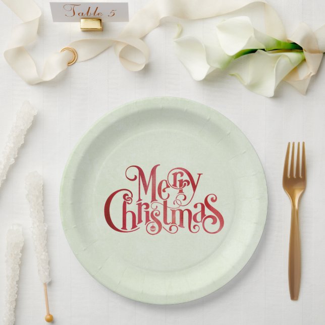Red Merry Christmas Typography Festive Font Paper Plate (Wedding)