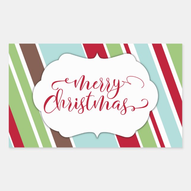 Red Merry Christmas Typography w/ Diagonal Stripes Rectangular Sticker (Front)