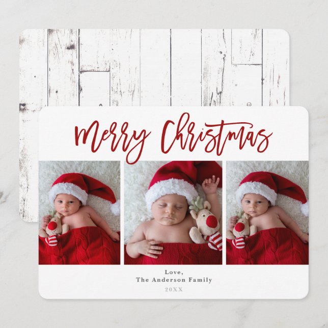 Red Merry Christmas White Wood Holiday Photo Invitation (Front/Back)