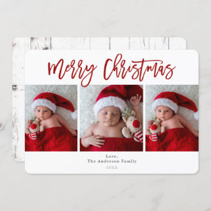 Red Merry Christmas White Wood Holiday Photo Invitation