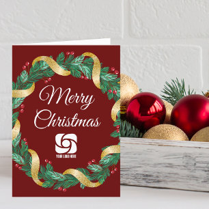 Red Merry Christmas Wreath Custom Business Logo Holiday Card