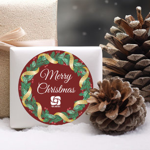 Red Merry Christmas Wreath Custom Company Party Classic Round Sticker