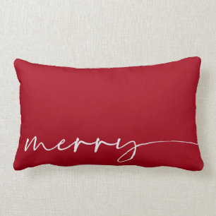 Red Merry Hand Lettered Script Christmas Lumbar Cushion