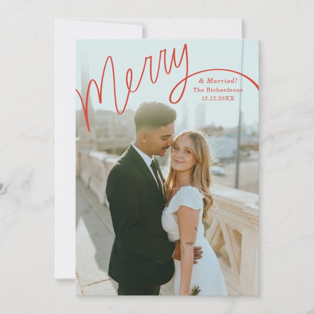 Red Merry Hand Lettering Wedding Photo Holiday Card (Front)