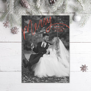 Red Merry Hand Lettering Wedding Photo Holiday Card