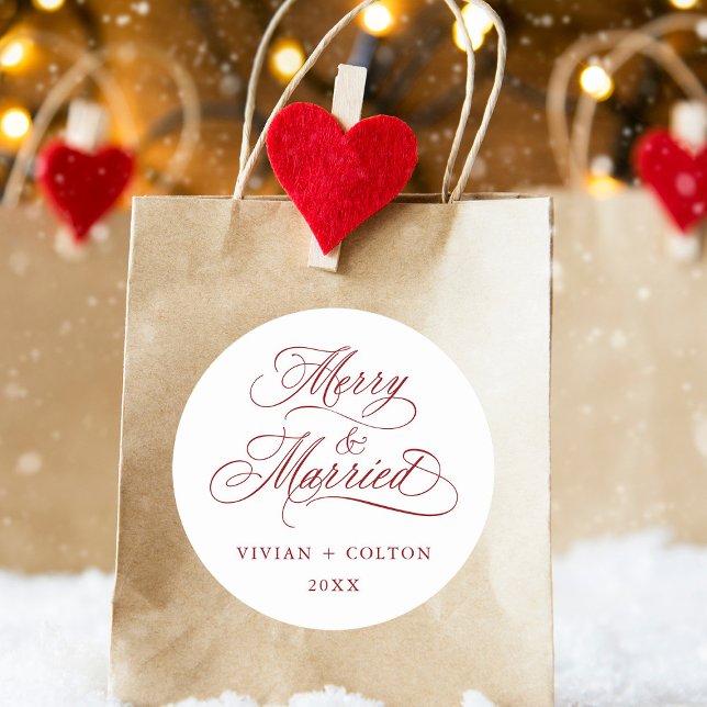 Red Merry & Married Newly Weds First Christmas  Classic Round Sticker (Creator Uploaded)