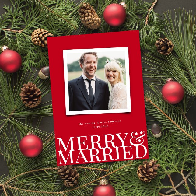 Red Merry & Married Newlywed Christmas Photo Holiday Card (Creator Uploaded)