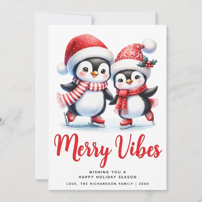 Red Merry Vibes Ice Skating Penguins Christmas Holiday Card (Front)