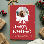 Red Merry Woofmas Cute Dog Pet Christmas Photo Holiday Card<br><div class="desc">Celebrate the season with the "Red Merry Woofmas Cute Dog Pet Christmas Photo Holiday Card." This charming card features a festive "Merry Woofmas" message and an adorable pet dog photo framed like a Christmas ornament with a decorative bow. The playful design and red background bring holiday cheer, making it the...</div>