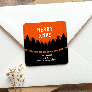 Red Merry Xmas with forest and snow Square Sticker