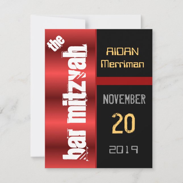 Red Metallic black Bat Mitzvah Bar Mitzvah Invitation (Front)