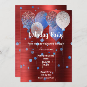 RED METALLIC & BLUE BIRTHDAY BALLOON SPOT  INVITATION