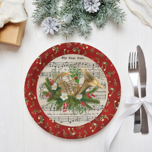 Red Metallic French Horn Christmas Music Paper Plate