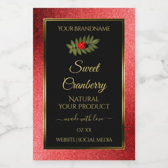 Red Metallic Glitter Black Product Labels Ladybug (Single Label)
