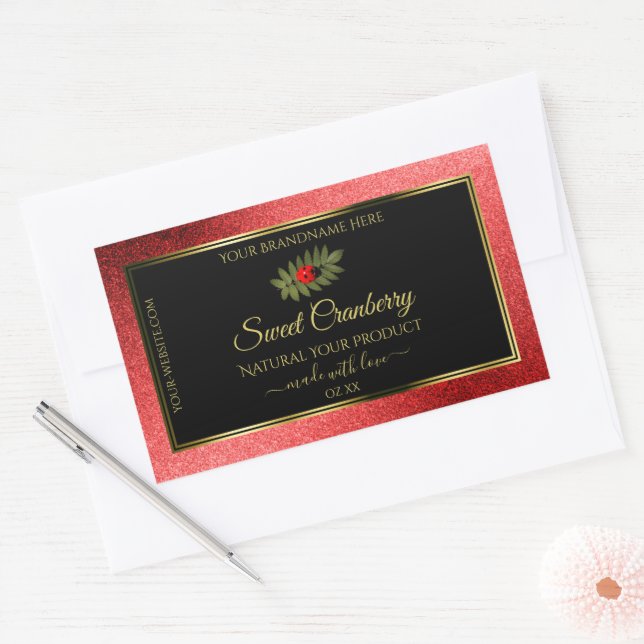 Red Metallic Glitter Black Product Labels Ladybug (Envelope)