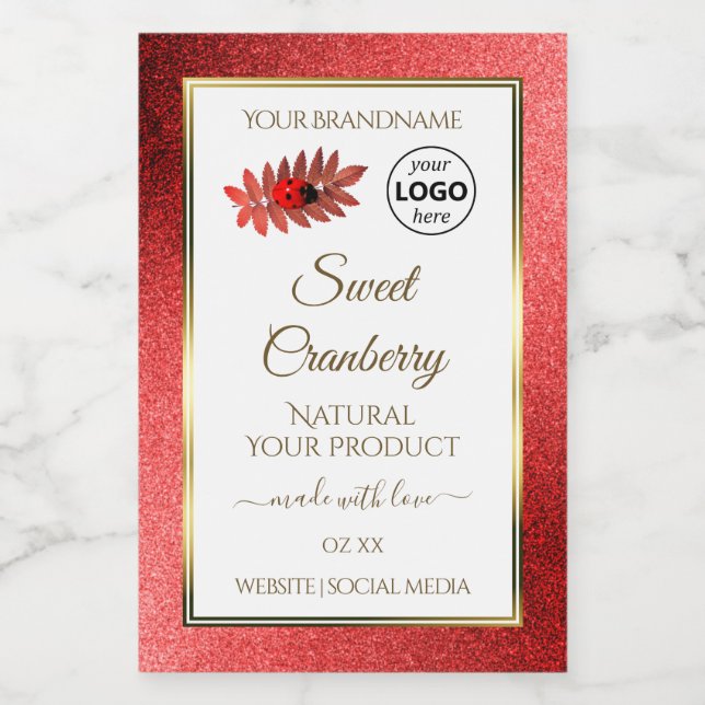 Red Metallic Glitter White Product Labels Add Logo (Single Label)