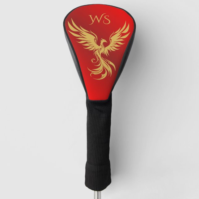 Red Metallic Gold Rising Phoenix Monogram Initials Golf Head Cover (Front)