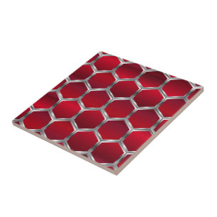 Red & Metallic Silver Octagons Pattern Ceramic Tile