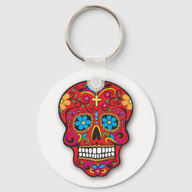 Red Mexican Sugar Skull Day of the Dead Key Ring (Front)