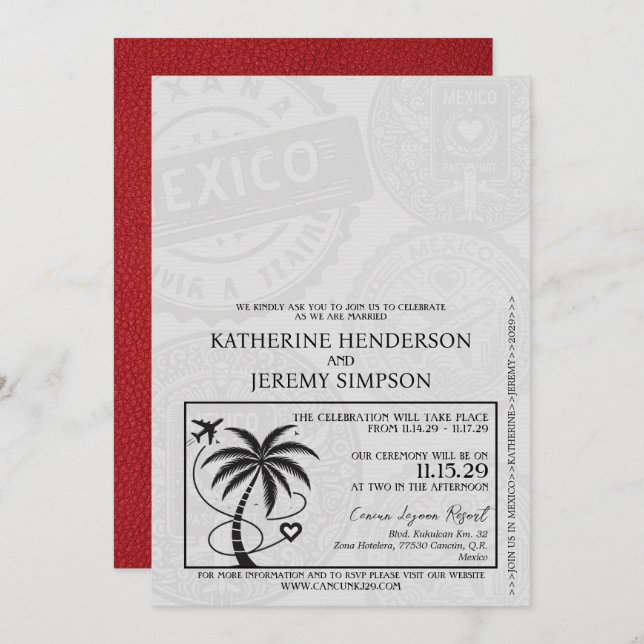 Red Mexico Passport Wedding Invitation (Front/Back)