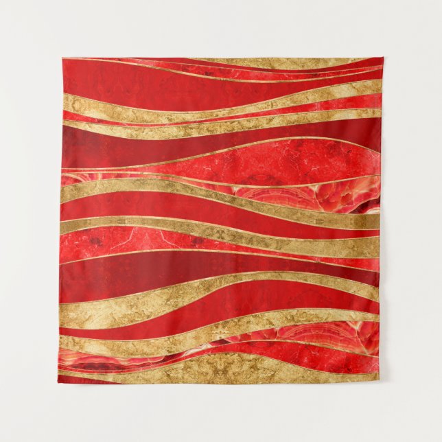Red Minerals Gold Metallic Wavy Abstract Tapestry (Front)