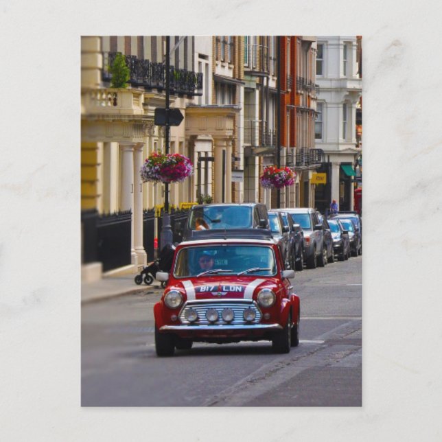 Red Mini Cooper car city scene postcard (Front)