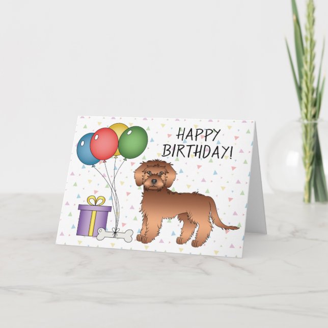 Red Mini Goldendoodle Cartoon Dog Happy Birthday Card (Front)