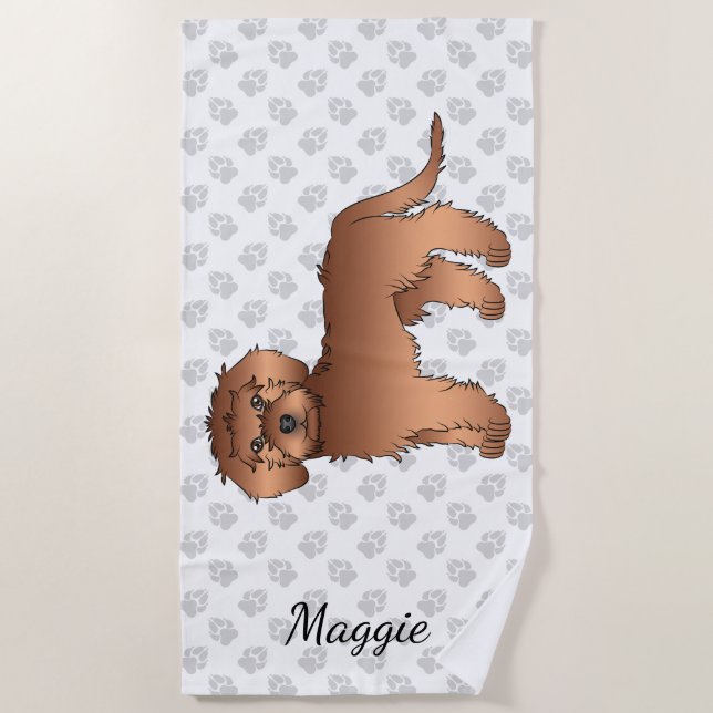 Red Mini Goldendoodle Cartoon Dog & Name Beach Towel (Front)