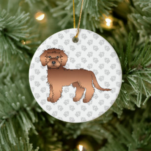 Red Mini Goldendoodle Cartoon Dog & Text Ceramic Ornament