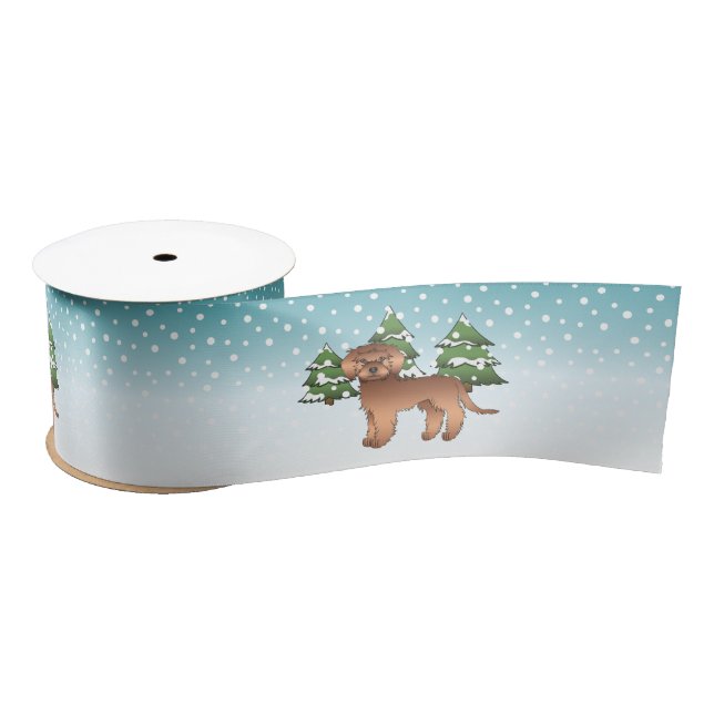 Red Mini Goldendoodle Dog In A Winter Forest Satin Ribbon (Spool)