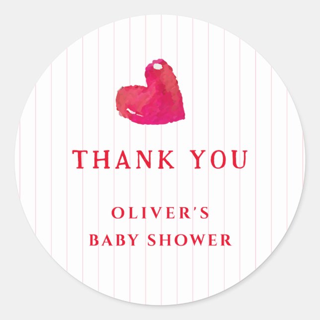 Red Minimal Heart Stripe Baby Shower Thank You Classic Round Sticker (Front)
