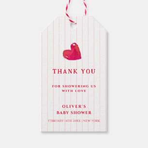 Red Minimal Heart Stripe Baby Shower Thank You Gift Tags
