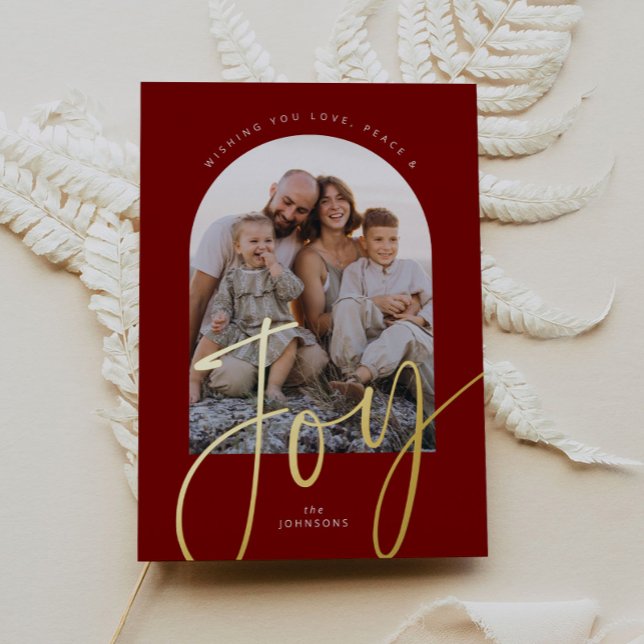 Red Minimal Joy Modern Script Arch Photo Christmas Foil Holiday Card (Creator Uploaded)