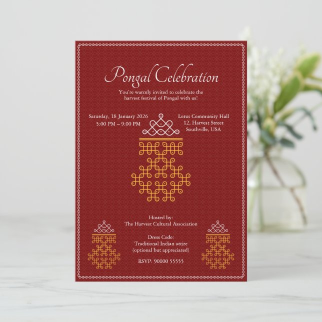 Red Minimal Tamil Kolam Pongal Invitation (Standing Front)