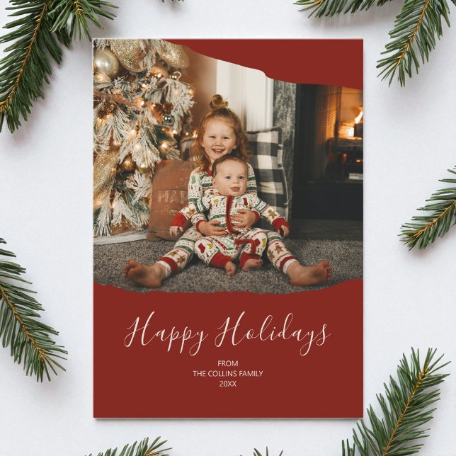 Red Minimalist 2 Photo Happy Holidays Christmas Holiday Card (Red Minimalist 2 Photo Happy Holidays Christmas Holiday Card)