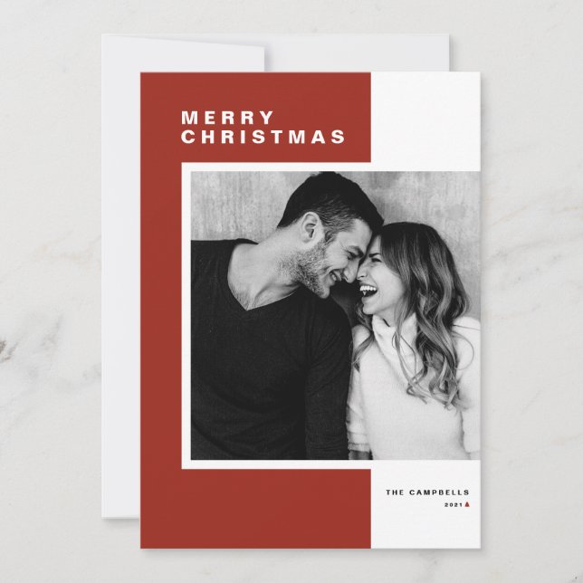 Red Minimalist Colour Block Merry Christmas Photo Holiday Card (Front)