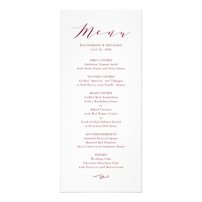 Red Minimalist Dainty Script Wedding Menu Card (Front)